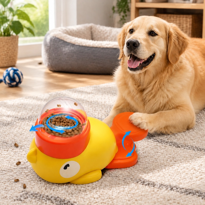 Dog Puzzle Feeder Toy - ของเล่นป้อนอาหารสัตว์เลี้ยงแบบอินเทอร์แอคทีฟ รูปเป็ดการ์ตูน พร้อมระบบจ่ายขนมอัตโนมัติแบบค่อยๆ ปล่อย สำหรับฝึกสุนัข