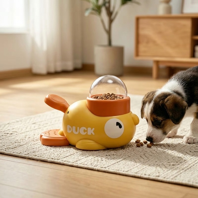 Dog Puzzle Feeder Toy - ของเล่นป้อนอาหารสุนัขรูปเป็ดสีเหลืองแบบโต้ตอบได้ พร้อมฐานกันลื่น ช่วยชะลอการกิน และมีช่องใส่ขนม สำหรับลูกสุนัข แมว
