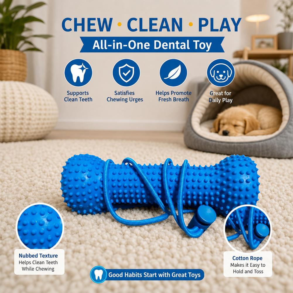 Teeth Cleaning Dog Chew Bone - แท่งเคี้ยวสำหรับสุนัขช่วงฟันขึ้น รูปทรงกระดูกพลาสติก มีพื้นผิวขัดถู ช่วยทำความสะอาด พร้อมเชือกสำหรับแขวน ล้างง่าย